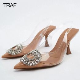 TRAF Clear Rhinestone High Heels Women Spring Summer Transparent Womens Pumps Heeled Butterfly Slingback Shoes 240110