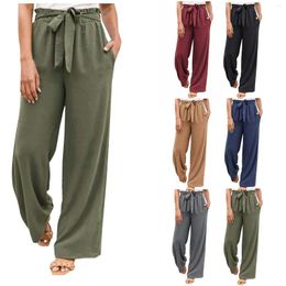 Women's Pants Plus Size 3XL Women Solid Colour Straight Casual Lace Up Cotton Linen Long Female High Waist Loose Wide Leg Trousers