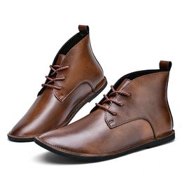 Fashion Pointed Toe Men's Dress Trendy High Top Brown Leather for Business Casual Lace-up Formal Shoes Men