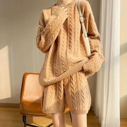 Women's Tracksuits Casual Knitting Two Piece Sets For Women O-neck Loose Long Sleeve Sweaters Plain Shorts Female 2024 Autumn Clothing