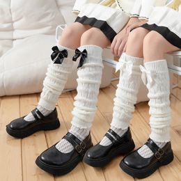 2 Pairs Kids Stacked Socks Autumn Winter Knitted Leg Warmers for Girls Fashions Ballet Style Cute Bows School Children Stocking 240109