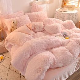 Luxury Autumn Winter Warm Pink Bedding Set Plush Kawaii Mink Velvet Queen Duvet Cover Set with Sheets Single Double Bedding Sets 240109