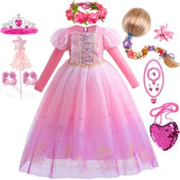 Girl Rapunzel Costume Tangled Long Sleeve Princess Dress Children Luxury Print Ball Gown Lace Sequin Gradient Fluffy Frocks 240109