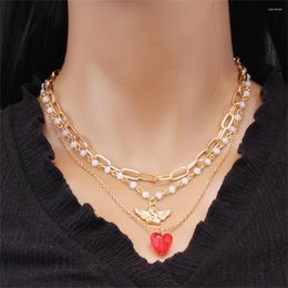 Pendant Necklaces Vintage Fashion Gold Colour Punk Thick Chain Angel Red Heart Necklace For Women Female Boho Artificial Pearl Jewellery Gift