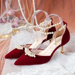 Elegant Pearl Crown Bride Shoes Women String Bead Ankle Strap Thin Heels Pumps Woman Flock Pointed Toe High Wedding 240110