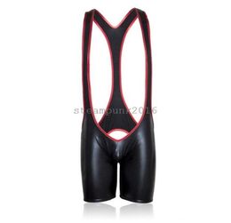 Bondage Men patent Leather Wrestler Singlet Mankini Bodysuit Shorts Backless Thong AU653472835