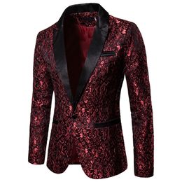 Gold Jacquard Bronzing Floral Blazer Suit Mens Single Button Blazer Jacket Wedding Dress Party Stage Singer Costume 240110