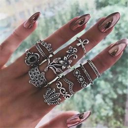 Cluster Rings LXY-W Boho Vintage Fashion Geometric Silver Colour Flower Palm Crown Set Ring For Women Trendy Personality Jewellery Gift