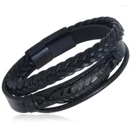 Charm Bracelets Fashion Punk Black Feather Men Stainless Steel Bracelet Magnetic Clasp Braided Leather Bangles Wristbands Vintage Jewellery