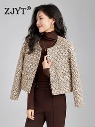 ZJYT Elegant Ladies Vintage Tweed Woollen Jacket for Women Fashion Autumn Winter Coats Short O Neck Outerwear Veste Femme 240109