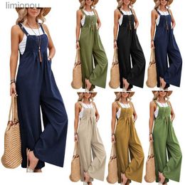 Women's Jumpsuits Rompers Vintage Cotton Linen Jumpsuit Women Casual Solid Button Wide Leg Suspender Pants with Pockets Summer Loose Overalls RompersL240111