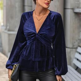 Women's Blouses Pleated Shirt Women Solid Colour Velvet V Neck For Ruched Bust Slim Waist Long Sleeves Blouse Spring Fall