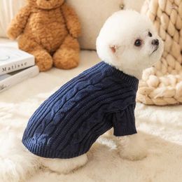 Dog Apparel Dark Blue Pet Clothes Simple Solid Colour Sweater Warm Knit Puppy Soft Pullover Teddy Casual Two Leg