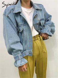 Syiwidii Denim Jacket for Women Loose Single Breasted Turn Down Collar Puff Sleeve Jacket Vintage Korean Fashion Crop Coat 240109