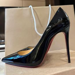 Brand High Heels Shoes Women Pumps Luxury Red Shiny Bottom Nude Black Patent Leather 8cm 10cm 12cm Thin Heels Pointed Wedding Dress Shoes with Red Dust Bag Size 34-44