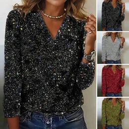 Women's T Shirts Women Top Shiny Sequin V Neck Long Sleeve Loose Soft Pullover Daily Commute Club Party Lady Blouse