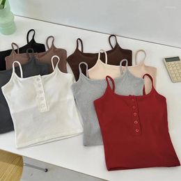 Women's Tanks Korean Button-Up Camisole For Women Ribbed Slim Fit Y2k Crop Tops With Pad Summer Fashion Female Red Tank 2024