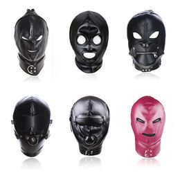 BDSM Sex Black Pu Leather Head Bondage Hood Mask Open Eye Mouth with Erotic Couple Flirting Toys Adjustable Mask Cosplay Harness 240109