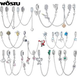 Display Wostu Sterling Sier Amimal Safety Chain Heart Key Flower Pendant Cz Charms Stopper Fit Original Bracelet Diy Fine Jewellery