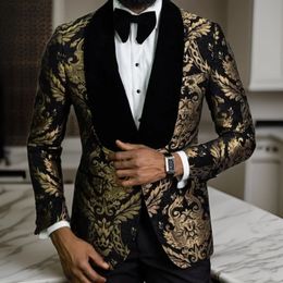 Floral Jacquard Men's Blazer for Prom African Fashion Slim Fit Male Suit Jacket with Velvet Shawl Lapel for Wedding Groom Tuxedo 240110