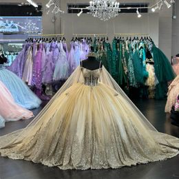 Glittering Quinceanera Dresses With Cloak Butterfly Lace Vestidos De 15 Anos Birthday Ball Gowns Graduation Party Dress YD 328 328