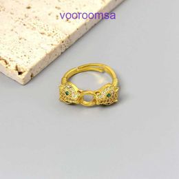 High Quality Carter 18k Gold Holiday Gift Ring Jewelry Fashionable and exaggerated full diamond green eyed leopard head ring unisex With Original Box