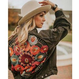 Jackets Gypsylady Floral Embroidered Denim Jacket Black Casual Chic Winter Jacket Women Bohemian Warm Jacket Coat 2022 New Chaquetas