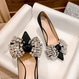 Rimocy Crystal Bowknot Pumps Women Thin Heels Bling Sutones Swed Party Shoes wember wemped toe high 240110