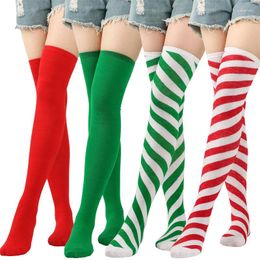 Women Socks Candy Color Over The Knee Stocking Creative Diagonal Striped Christmas Thigh High Halloween Breathable Cotton Long Soxs