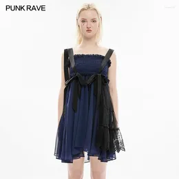 Casual Dresses PUNK RAVE Women's Black Multi Strap Bows Dress Gothic Daily Comfortable Elastic Elegant Skirt Ribbon Splicing Blue