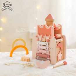 Wooden Baby Montessori Toys Castleshaped Stacking Blocks Shape Matching Box The Music Hits Pieces Plays House Gift 240110