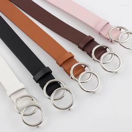 Belts Double Ring For Women Fashion Dress Jeans Belt PU Leather Metal Buckle Round Pink Waist Lady Girls Leisure Waistband