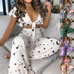 Women's Two Piece Pants Solid Sexy Sweater Fashion Women Outfit Short Ruffle Sleeve Crop Top T-shirt Wide Leg Printed Suit For Summer