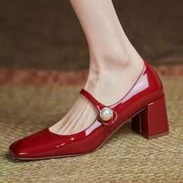 Pearl Patent Leather High Heels Mary Janes Woman Spring Elegant Square Toe Womens Pumps Red Office Ladies Shoes 240110