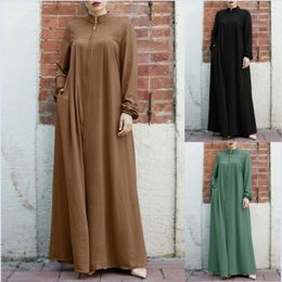 Ethnic Clothing Women Solid Colour Muslim Loose Robe Caftan Jubah Dubai Arab Dressing Islamic Abayas Ramadan Long Sleeve Dress