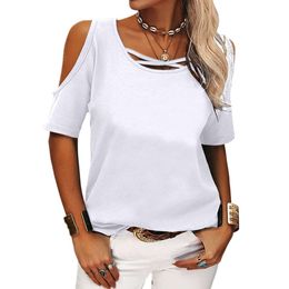 2023 Spring/summer Cross Border Amazon Wish Women's Fashion and Casual Solid Color Off Shoulder Loose Short Sleeved T-shirt for Women in Europe and America