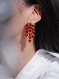 Dangle Earrings Love Heart Pink Crystal Red Exaggerated Long Premium Romance Sweet Fine Jewelry