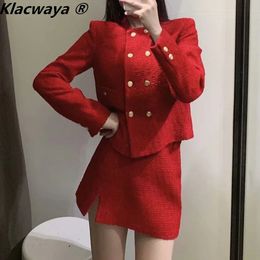 Klacwaya Women Fashion Two-Piece Set Vintage Red Tweed Double Breasted Blazer Female Front Slit Tweed Mini Skirt Chic Suit 240109
