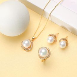 Necklace Earrings Set 12mm Pearl Sets Jewelry For Women Pendant Adjustable Ring Round White Wedding/Party Charm Gift