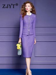 ZJYT Luxury Beading Sequins Dress Sets 2 Piece Women Elegant Party Purple Tweed Woolen Jacket Skirt Suit Office Lady Outfit 4XL 240109