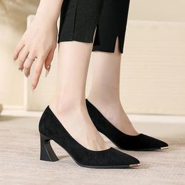 Dress Shoes Size 30-44 Chunky Heel Point Toe Suede Solid Colour High Heels Women Work Black