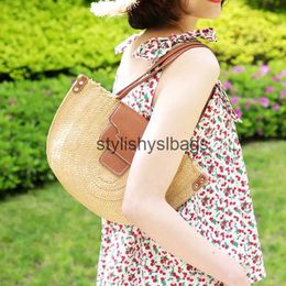 Shoulder Bags New semi-circular paper woven str bag retro leather cover messenger woven bag shoulder summer female beach travel bagstylishyslbags