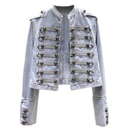 Retro Military Style Handsome Stand Collar Denim Jackets Female Double-breasted Wild Slim Short Denim Jackets Women Outerwear 240109