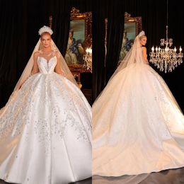 Luxury Ball Gown Wedding Dresses Sequins Bridal Gown Slim Fit Princess Dress O Neck Sweep Train Long Sleeves Custom Made
