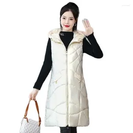 Women's Vests 2024 Autumn Winter Glossy No Wash Down Cotton Vest Thick Warm Long Coat Female Parka Hooded Sleeveless Jacket Women