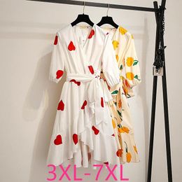 Dresses New Summer Plus Size Dresses for Women Short Sleeve Loose Casual Floral Print Flower Belt Ruffle Vneck Dress 4xl 5xl 6xl 7xl