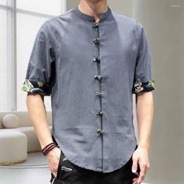 Men's Casual Shirts Men Spring Shirt Chinese Style Stand Collar Short Sleeve Single-breasted Knot Buttons Irregular Hem Cardigan Top