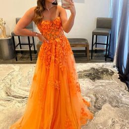 Hot Orange A-line Prom Dress Strapless Tulle Lace Appliques Women Formal Evening Gowns Party Gala Gowns Birthday Wear Robe De Soiree