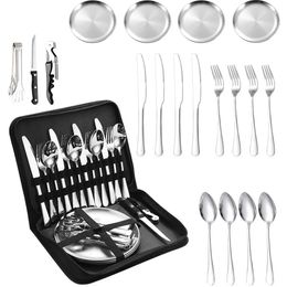 Camping Silverware Kit Cutlery Organiser Utensil Picnic Set Stainless Steel Plate Spoon Knife Fork Tongs Hiking 10/20PCS 240110