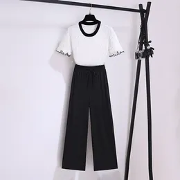 Women's Two Piece Pants Women's Summer Fashion Tow Pieces Set Korean Casual Knitting T Shirt Long Wide Leg Suit Student Trendy